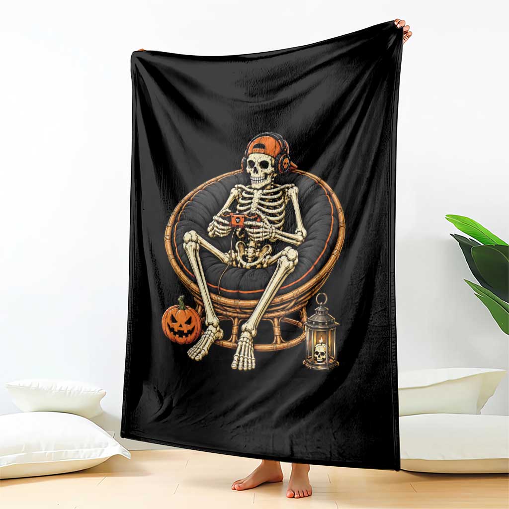 Relaxing Skeleton Gamer Playing Video Game Graphic Throw Blanket Spooky Halloween Gaming Enthusiast