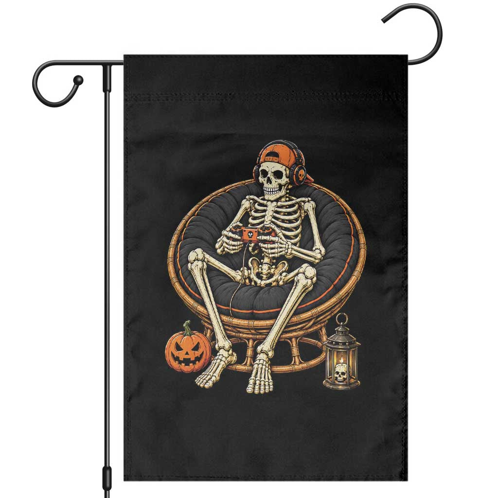 Relaxing Skeleton Gamer Playing Video Game Graphic Garden Flag Spooky Halloween Gaming Enthusiast