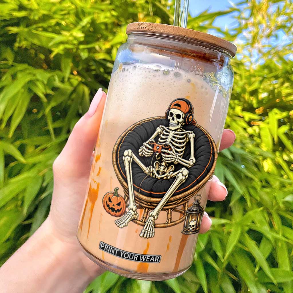 Relaxing Skeleton Gamer Playing Video Game Graphic Glass Can Spooky Halloween Gaming Enthusiast