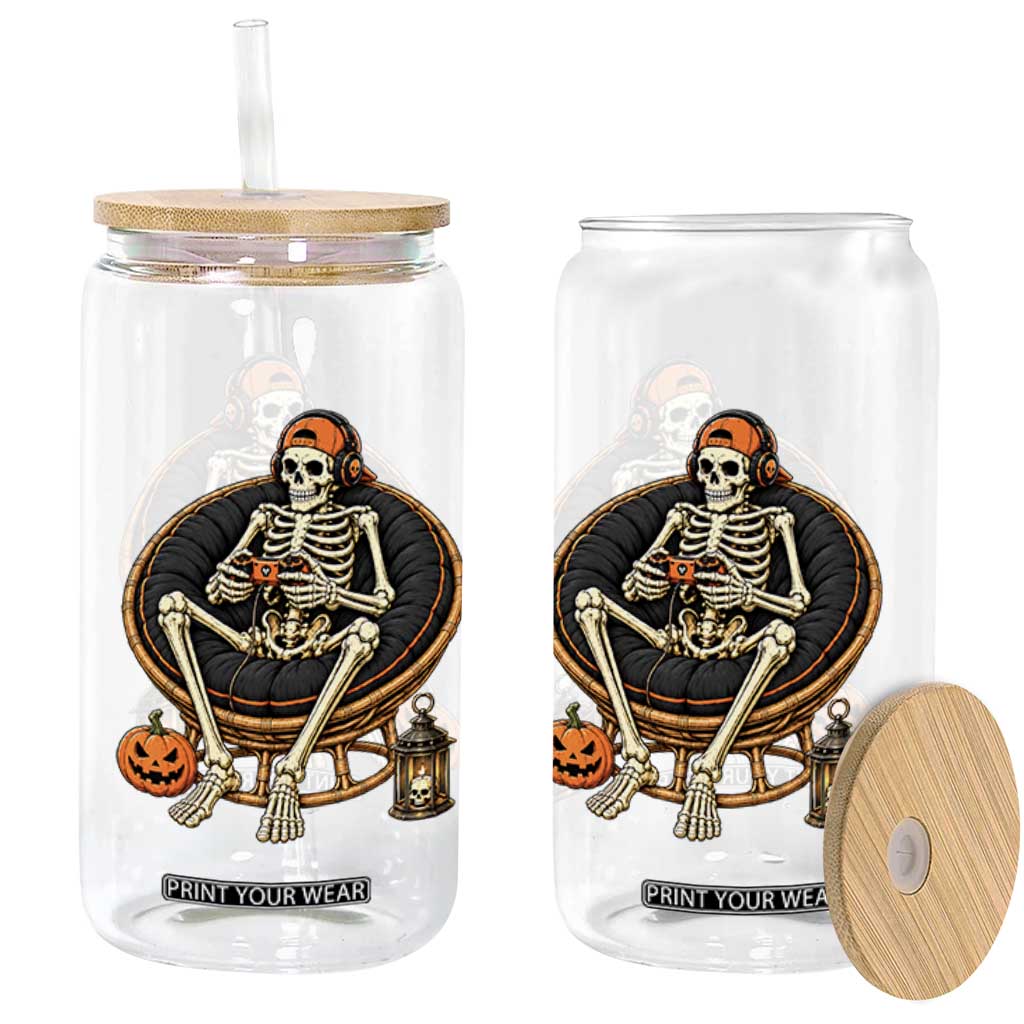 Relaxing Skeleton Gamer Playing Video Game Graphic Glass Can Spooky Halloween Gaming Enthusiast