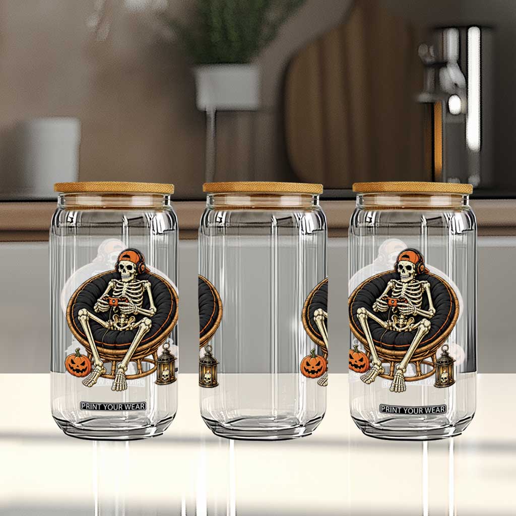 Relaxing Skeleton Gamer Playing Video Game Graphic Glass Can Spooky Halloween Gaming Enthusiast