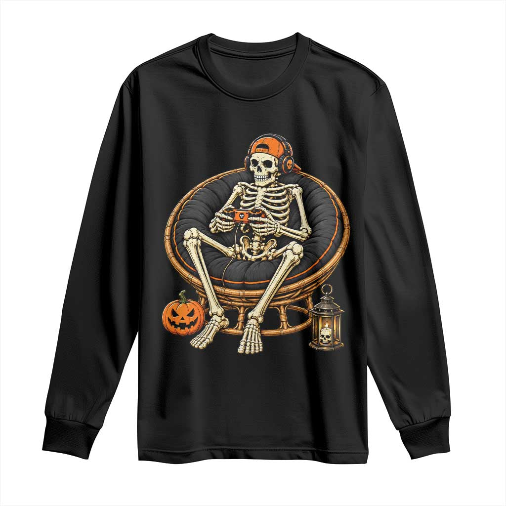 Relaxing Skeleton Gamer Playing Video Game Graphic Long Sleeve Shirt Spooky Halloween Gaming Enthusiast