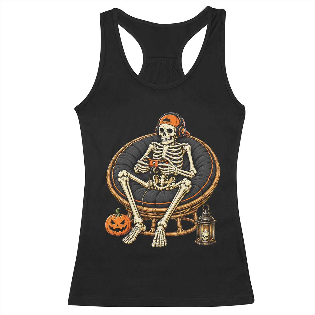 Relaxing Skeleton Gamer Playing Video Game Graphic Racerback Tank Top Spooky Halloween Gaming Enthusiast