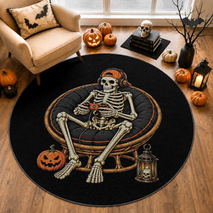 Relaxing Skeleton Gamer Playing Video Game Graphic Round Rug Spooky Halloween Gaming Enthusiast