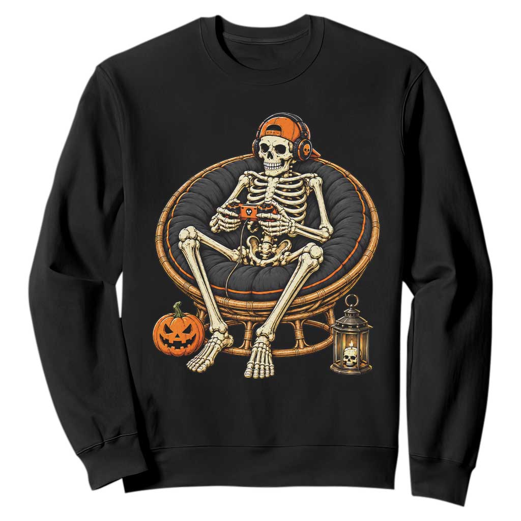 Relaxing Skeleton Gamer Playing Video Game Graphic Sweatshirt Spooky Halloween Gaming Enthusiast