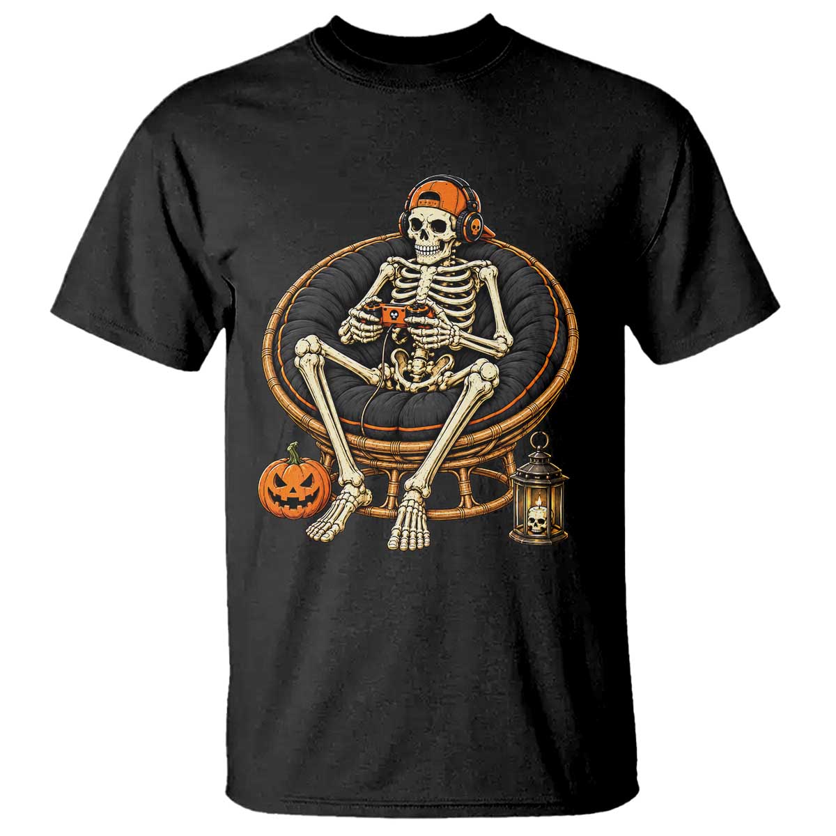 Relaxing Skeleton Gamer Playing Video Game Graphic T Shirt Spooky Halloween Gaming Enthusiast