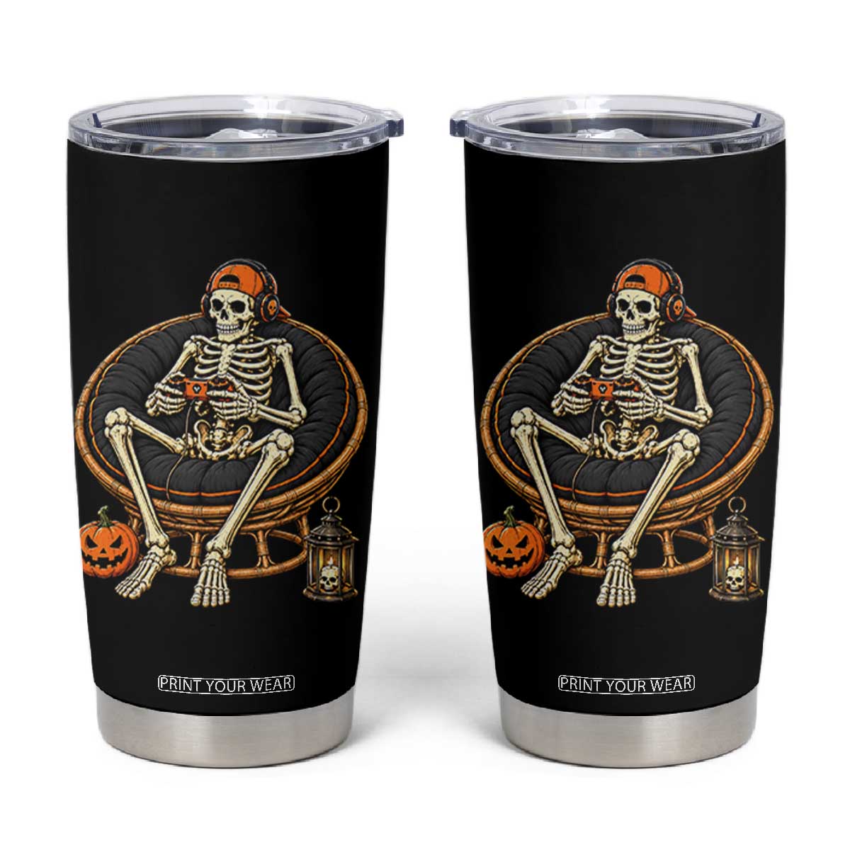Relaxing Skeleton Gamer Playing Video Game Graphic Tumbler Cup Spooky Halloween Gaming Enthusiast