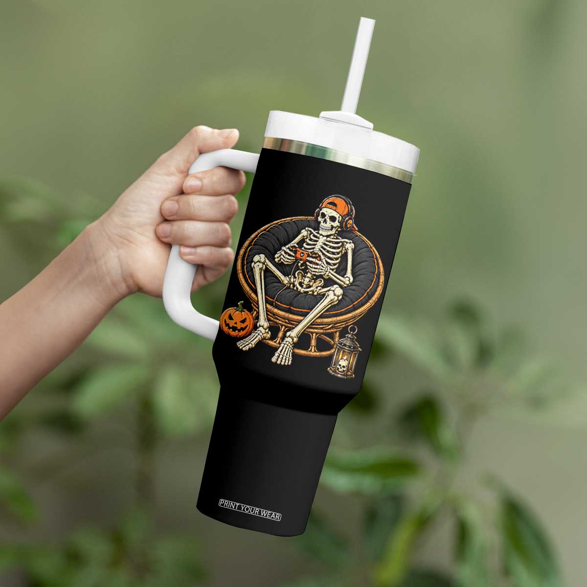 Relaxing Skeleton Gamer Playing Video Game Graphic Tumbler With Handle Spooky Halloween Gaming Enthusiast