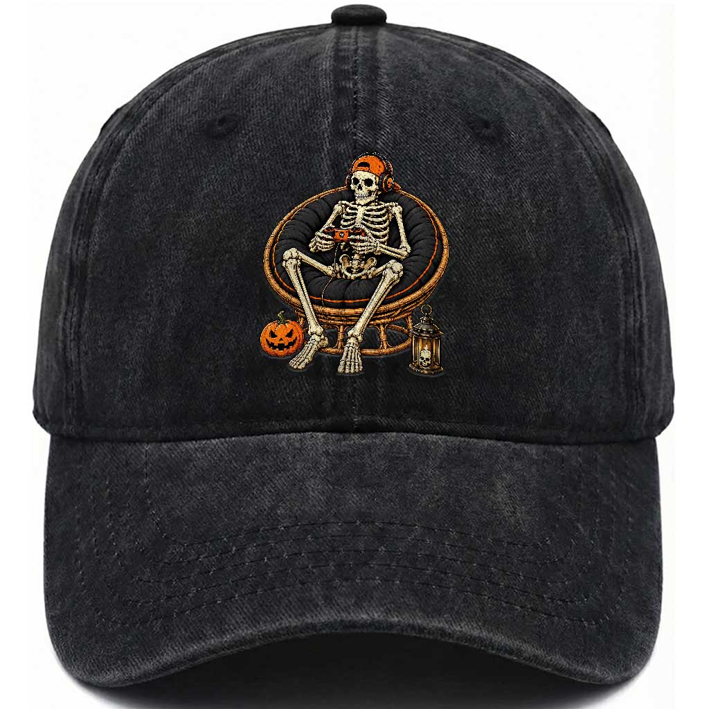Relaxing Skeleton Gamer Playing Video Game Graphic Washed Cotton Baseball Cap Spooky Halloween Gaming Enthusiast