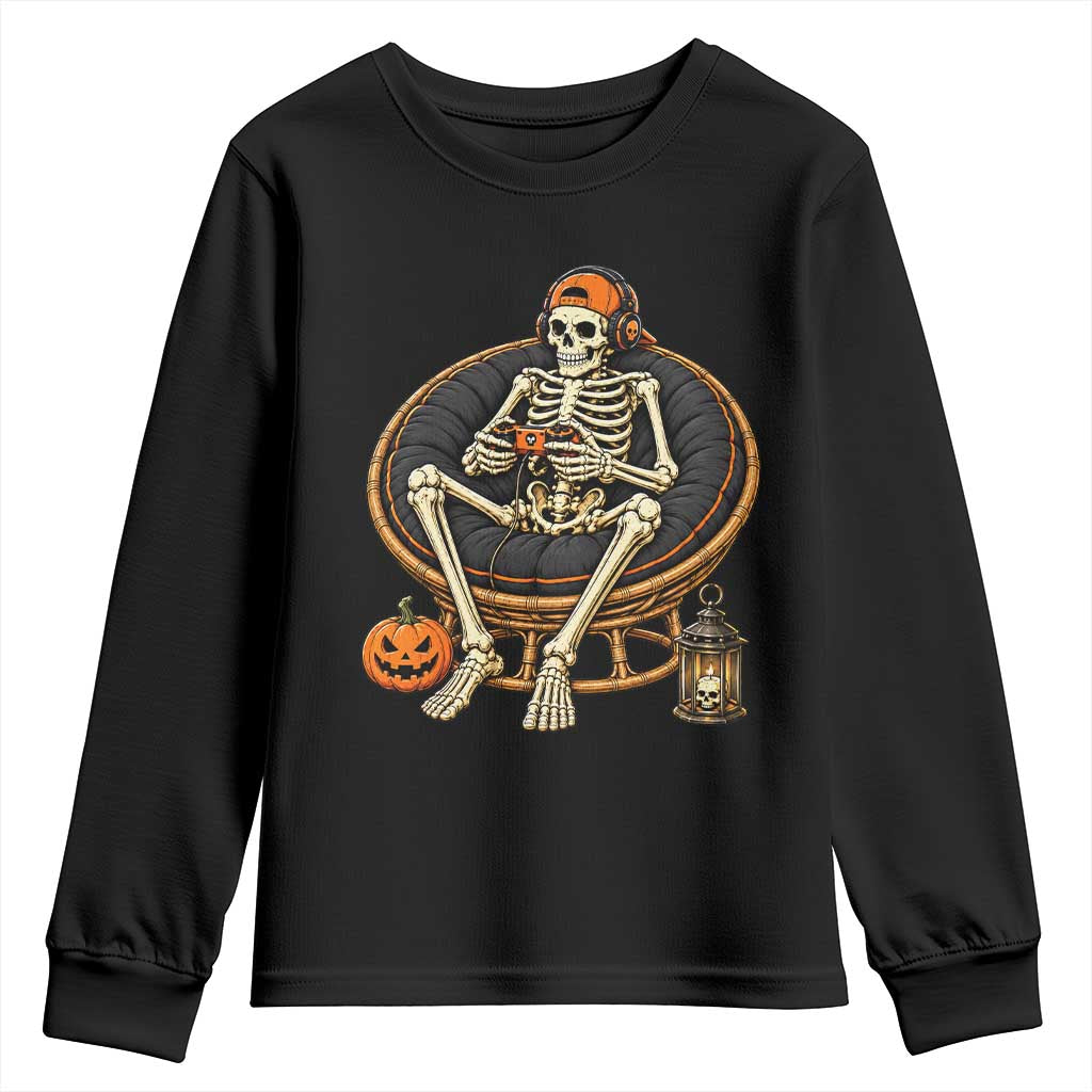 Relaxing Skeleton Gamer Playing Video Game Graphic Youth Sweatshirt Spooky Halloween Gaming Enthusiast