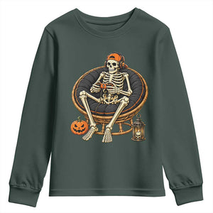 Relaxing Skeleton Gamer Playing Video Game Graphic Youth Sweatshirt Spooky Halloween Gaming Enthusiast