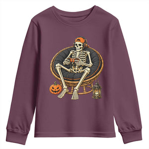 Relaxing Skeleton Gamer Playing Video Game Graphic Youth Sweatshirt Spooky Halloween Gaming Enthusiast