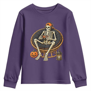 Relaxing Skeleton Gamer Playing Video Game Graphic Youth Sweatshirt Spooky Halloween Gaming Enthusiast
