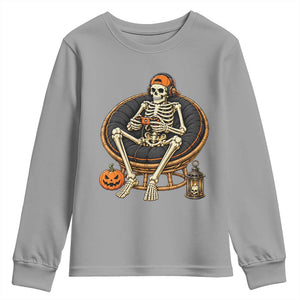 Relaxing Skeleton Gamer Playing Video Game Graphic Youth Sweatshirt Spooky Halloween Gaming Enthusiast