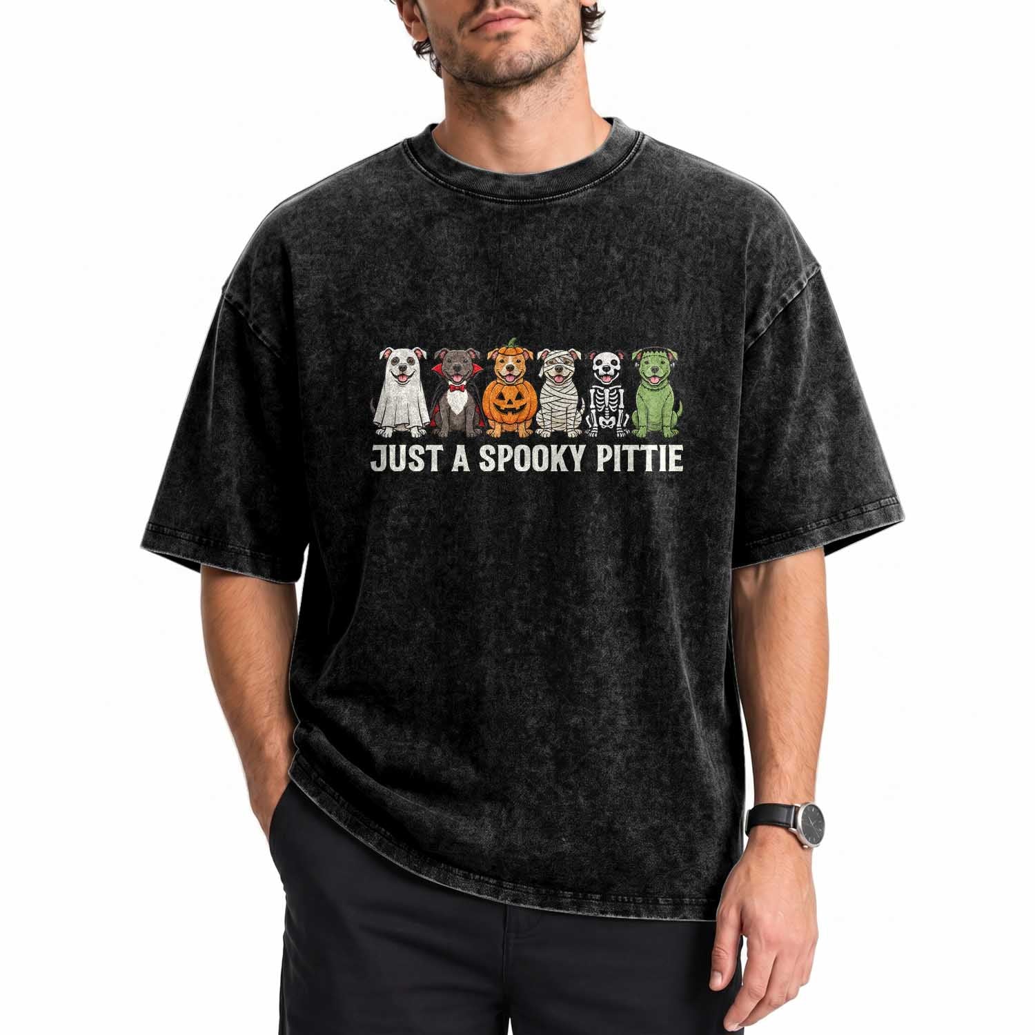 Pitbull Dog in Halloween Costumes Graphic Washed Cotton T-Shirt Just A Spooky Pittie Ghost Vampire Pumpkin Skeleton Mummy