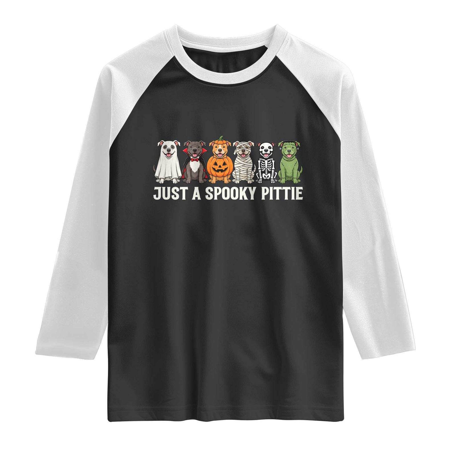 Pitbull Dog in Halloween Costumes Graphic Raglan Shirt Just A Spooky Pittie Ghost Vampire Pumpkin Skeleton Mummy