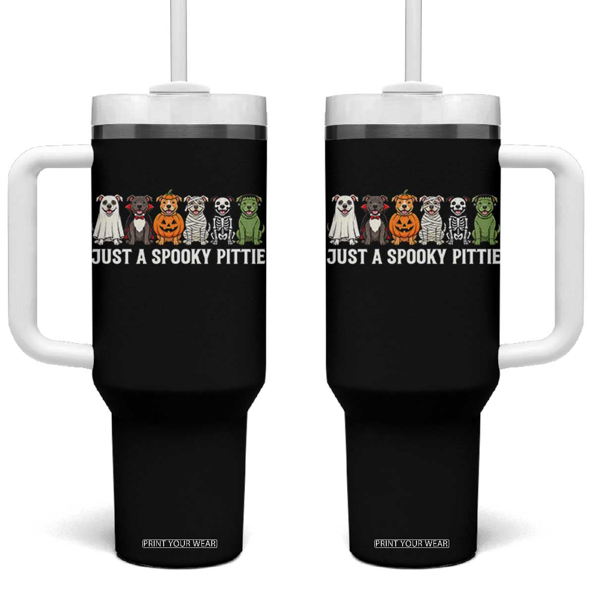Pitbull Dog in Halloween Costumes Graphic Tumbler With Handle Just A Spooky Pittie Ghost Vampire Pumpkin Skeleton Mummy