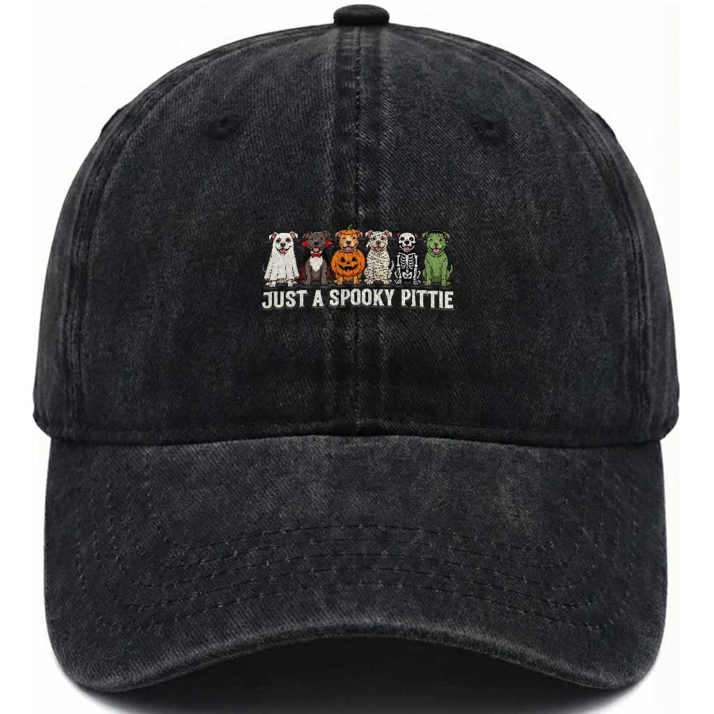 Pitbull Dog in Halloween Costumes Graphic Washed Cotton Baseball Cap Just A Spooky Pittie Ghost Vampire Pumpkin Skeleton Mummy