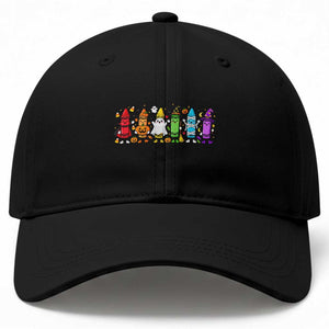 Cute Spooky Crayons in Halloween Costumes Graphic Baseball Cap Vampire Pumpkin Ghost Witch Mummy School Vibes