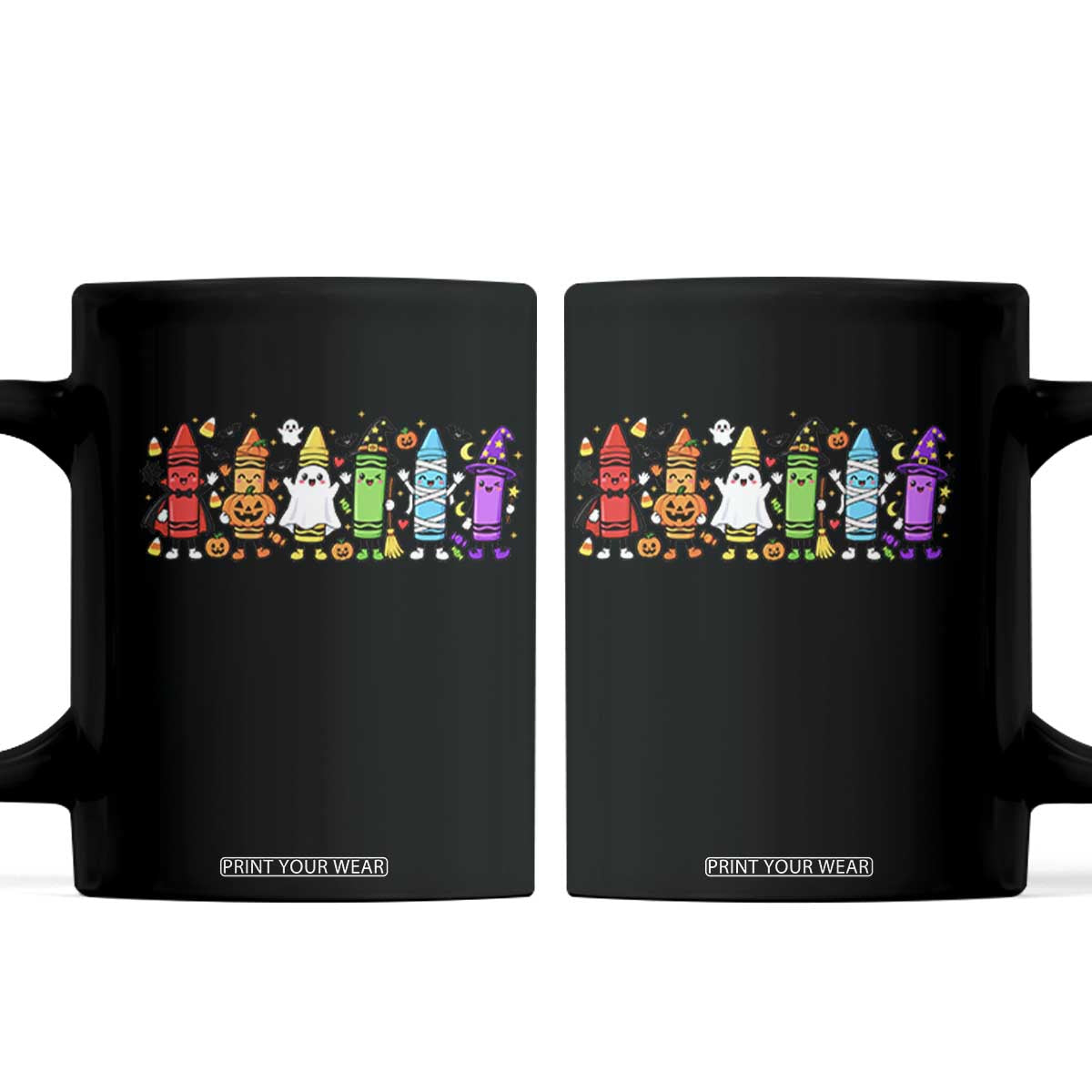 Cute Spooky Crayons in Halloween Costumes Graphic Coffee Mug Vampire Pumpkin Ghost Witch Mummy School Vibes