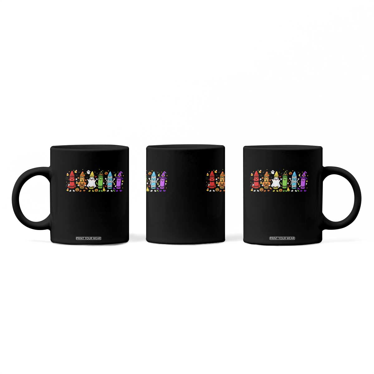 Cute Spooky Crayons in Halloween Costumes Graphic Coffee Mug Vampire Pumpkin Ghost Witch Mummy School Vibes