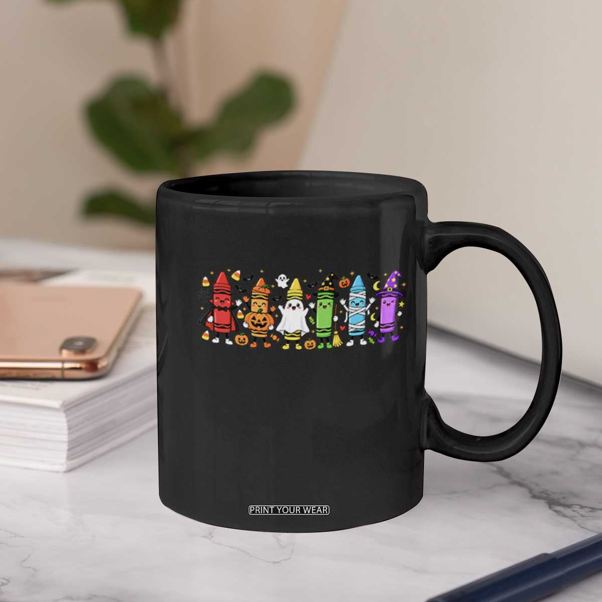 Cute Spooky Crayons in Halloween Costumes Graphic Coffee Mug Vampire Pumpkin Ghost Witch Mummy School Vibes