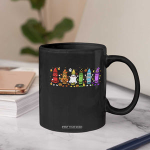 Cute Spooky Crayons in Halloween Costumes Graphic Coffee Mug Vampire Pumpkin Ghost Witch Mummy School Vibes