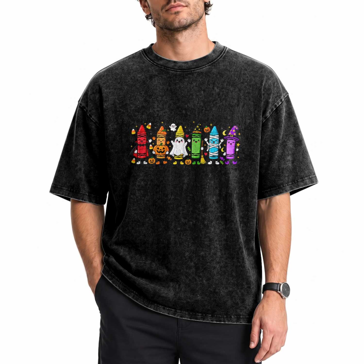 Cute Spooky Crayons in Halloween Costumes Graphic Washed Cotton T-Shirt Vampire Pumpkin Ghost Witch Mummy School Vibes