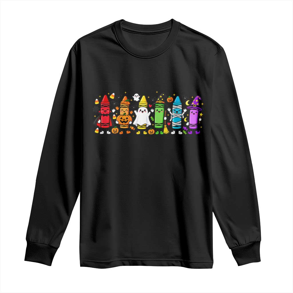 Cute Spooky Crayons in Halloween Costumes Graphic Long Sleeve Shirt Vampire Pumpkin Ghost Witch Mummy School Vibes