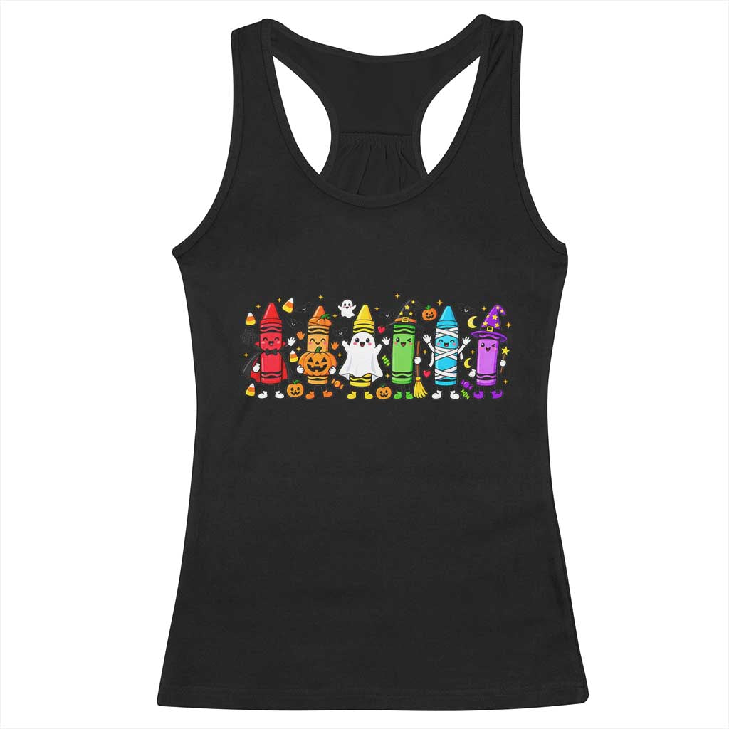 Cute Spooky Crayons in Halloween Costumes Graphic Racerback Tank Top Vampire Pumpkin Ghost Witch Mummy School Vibes