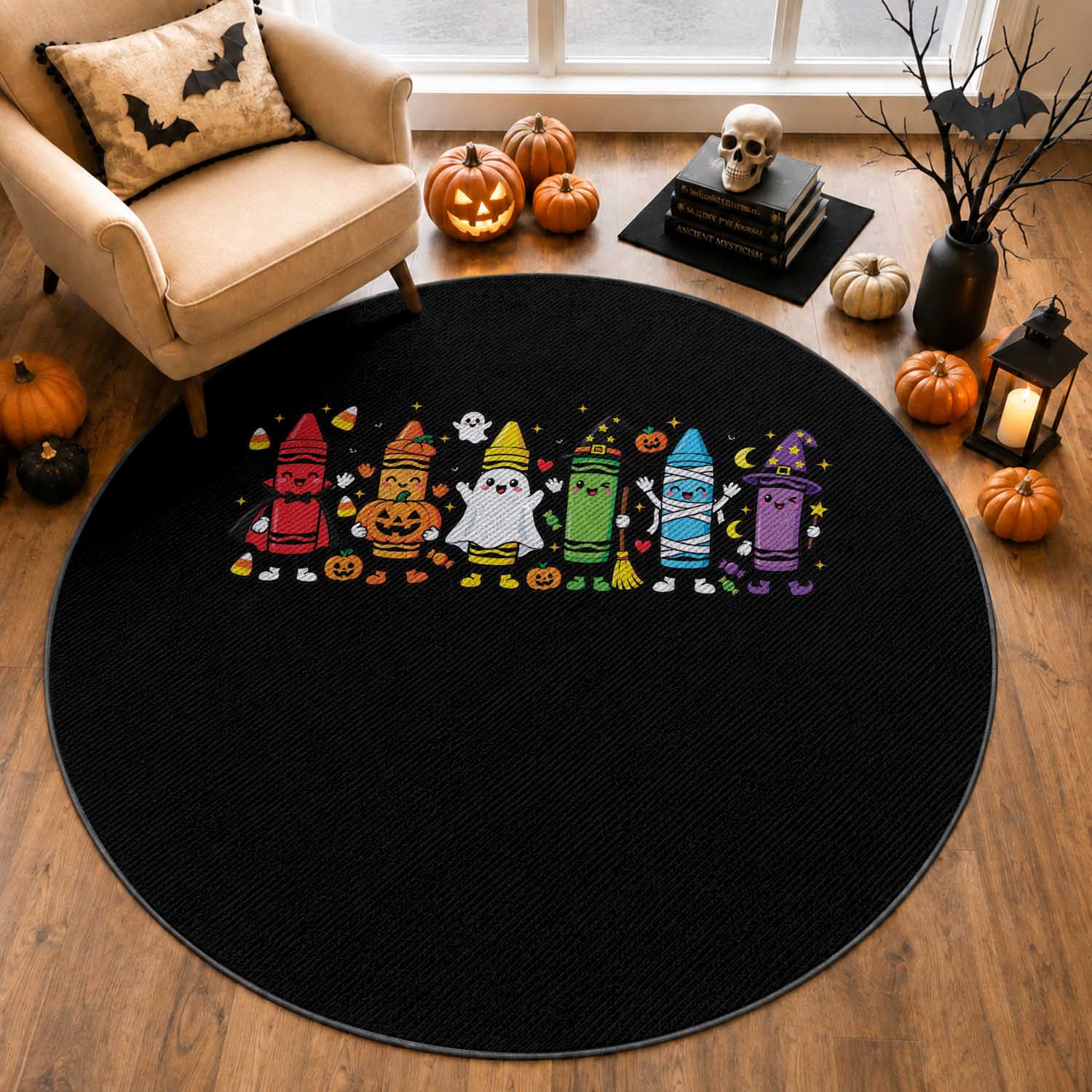 Cute Spooky Crayons in Halloween Costumes Graphic Round Rug Vampire Pumpkin Ghost Witch Mummy School Vibes