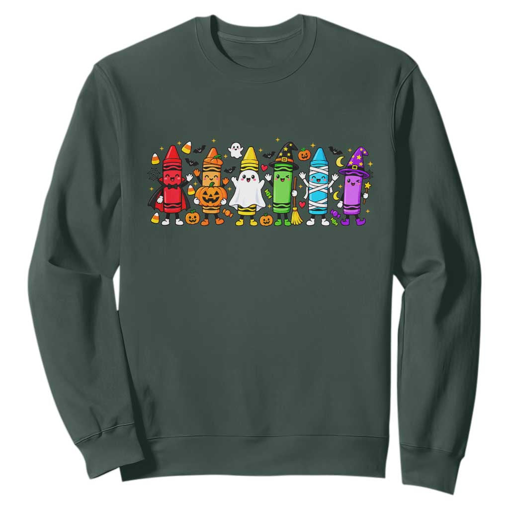 Cute Spooky Crayons in Halloween Costumes Graphic Sweatshirt Vampire Pumpkin Ghost Witch Mummy School Vibes