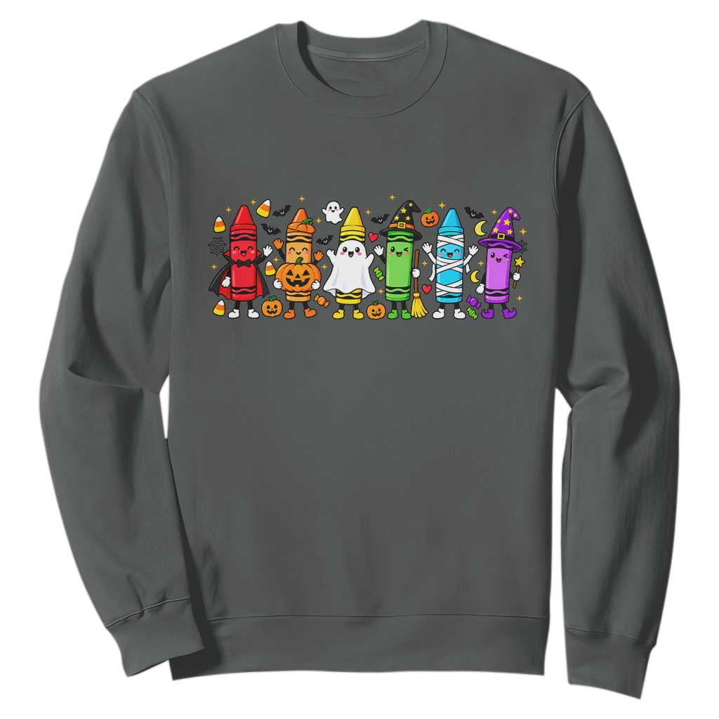Cute Spooky Crayons in Halloween Costumes Graphic Sweatshirt Vampire Pumpkin Ghost Witch Mummy School Vibes