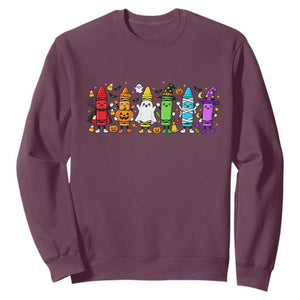 Cute Spooky Crayons in Halloween Costumes Graphic Sweatshirt Vampire Pumpkin Ghost Witch Mummy School Vibes