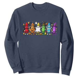 Cute Spooky Crayons in Halloween Costumes Graphic Sweatshirt Vampire Pumpkin Ghost Witch Mummy School Vibes