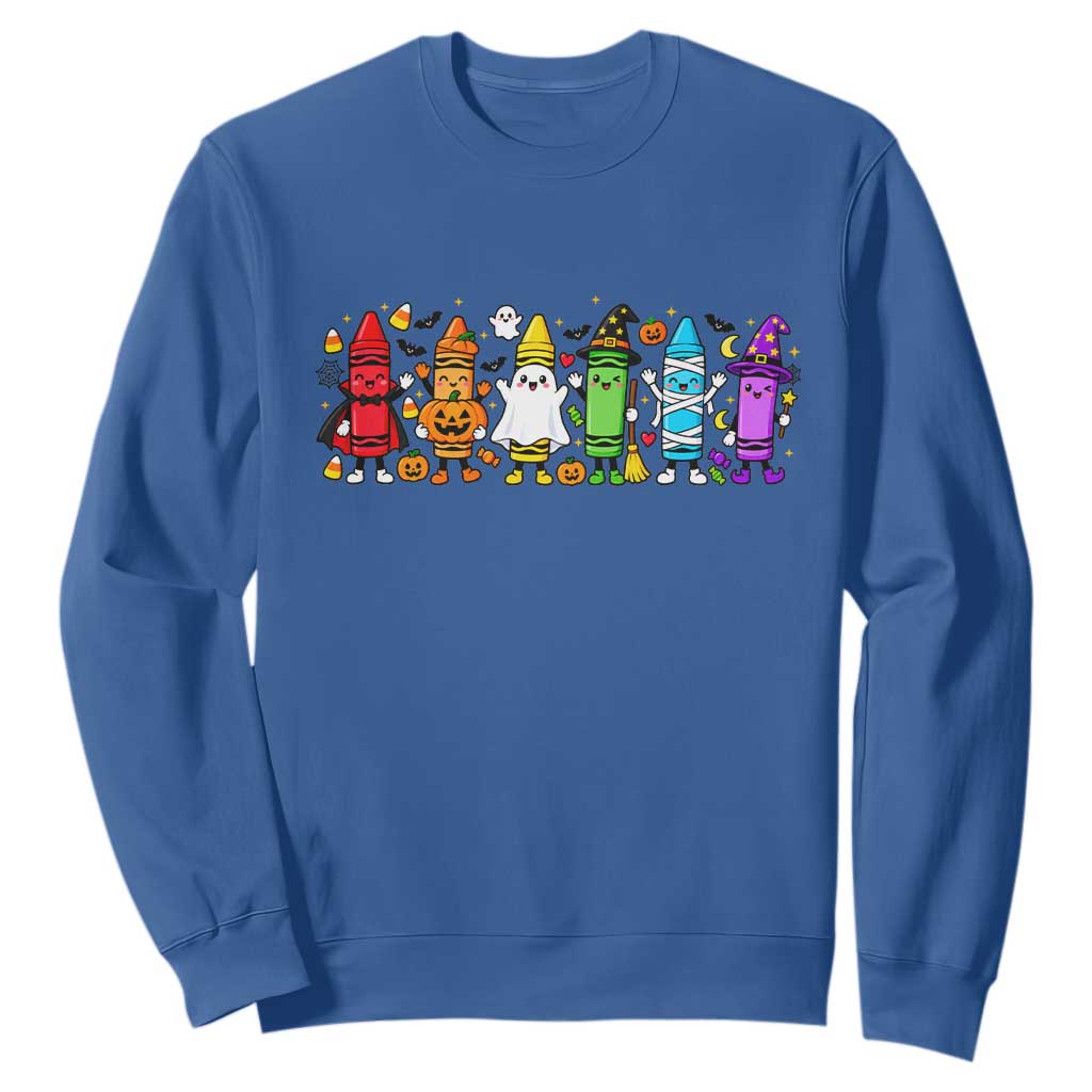 Cute Spooky Crayons in Halloween Costumes Graphic Sweatshirt Vampire Pumpkin Ghost Witch Mummy School Vibes