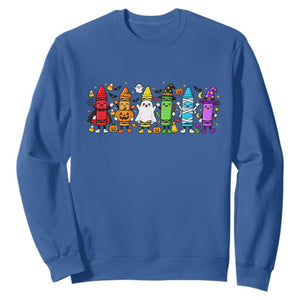 Cute Spooky Crayons in Halloween Costumes Graphic Sweatshirt Vampire Pumpkin Ghost Witch Mummy School Vibes