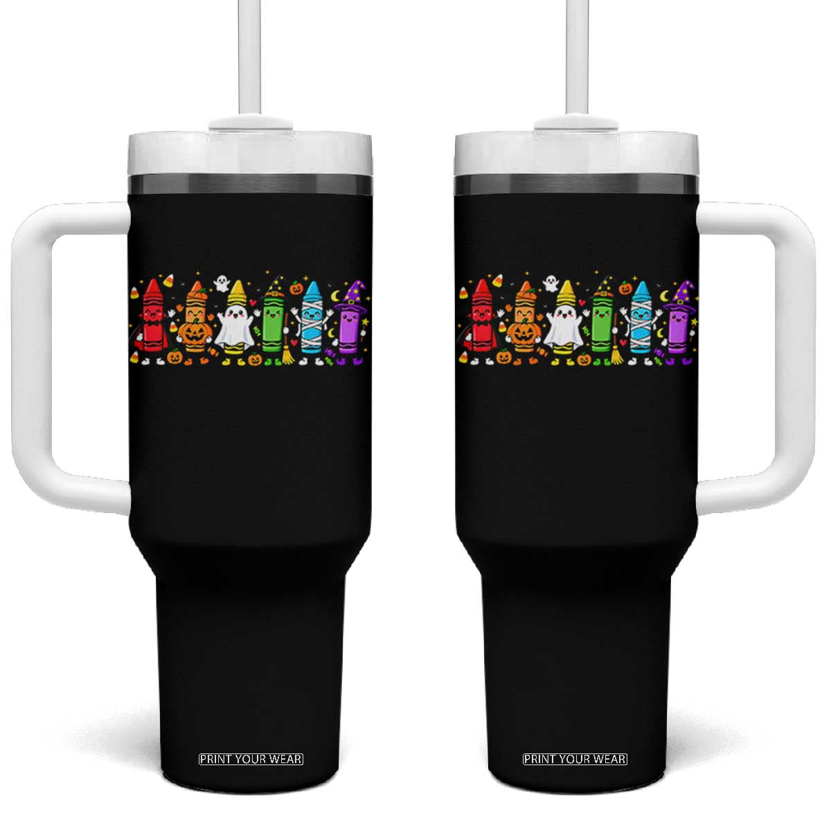 Cute Spooky Crayons in Halloween Costumes Graphic Tumbler With Handle Vampire Pumpkin Ghost Witch Mummy School Vibes