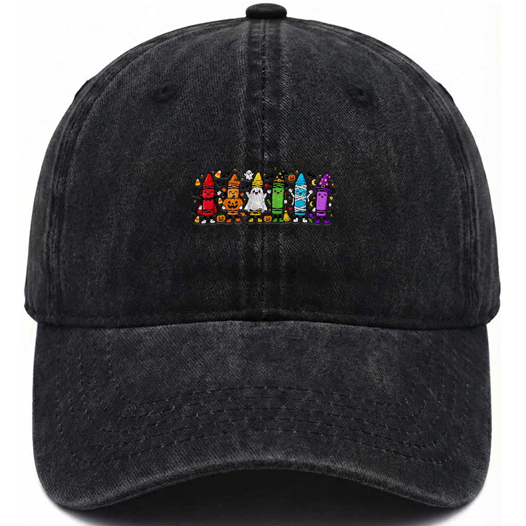 Cute Spooky Crayons in Halloween Costumes Graphic Washed Cotton Baseball Cap Vampire Pumpkin Ghost Witch Mummy School Vibes