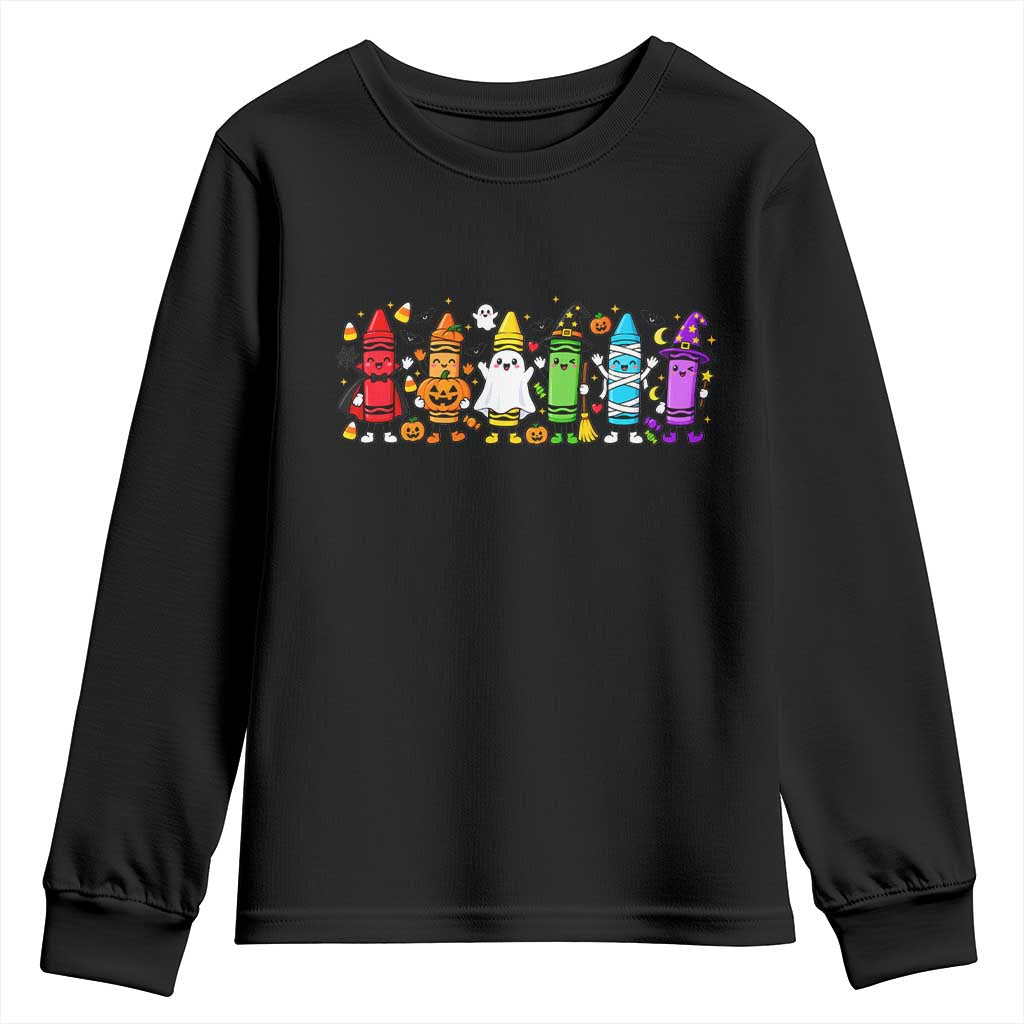Cute Spooky Crayons in Halloween Costumes Graphic Youth Sweatshirt Vampire Pumpkin Ghost Witch Mummy School Vibes