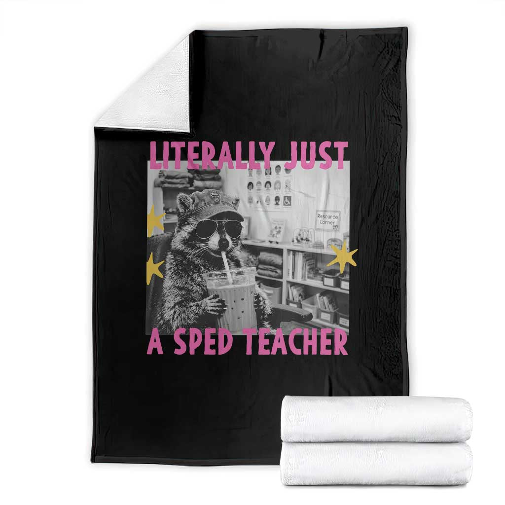 Literally Just A SPED Teacher Raccoon Drinking Iced Coffee Graphic Throw Blanket Special Education Classroom Humor
