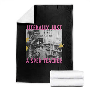 Literally Just A SPED Teacher Raccoon Drinking Iced Coffee Graphic Throw Blanket Special Education Classroom Humor