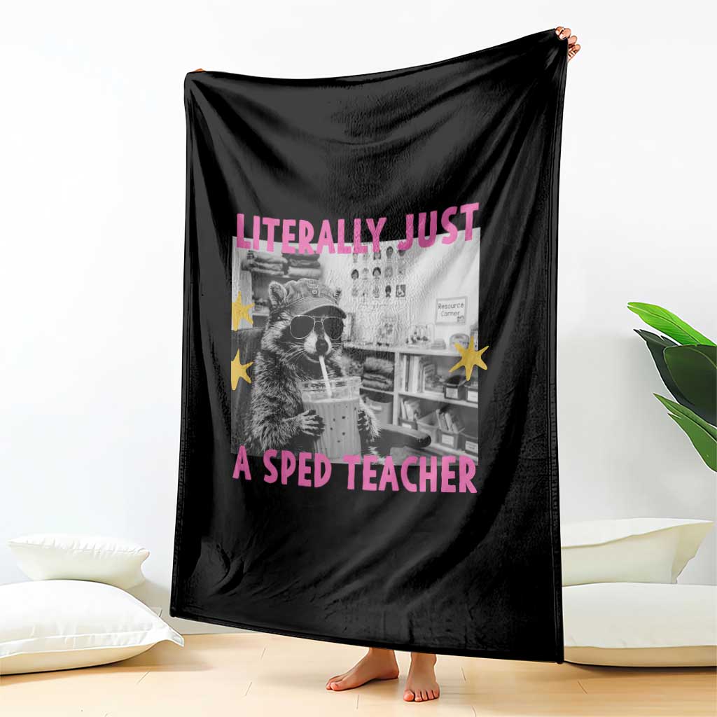 Literally Just A SPED Teacher Raccoon Drinking Iced Coffee Graphic Throw Blanket Special Education Classroom Humor