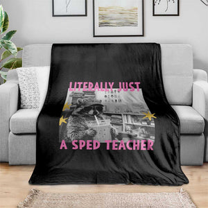 Literally Just A SPED Teacher Raccoon Drinking Iced Coffee Graphic Throw Blanket Special Education Classroom Humor