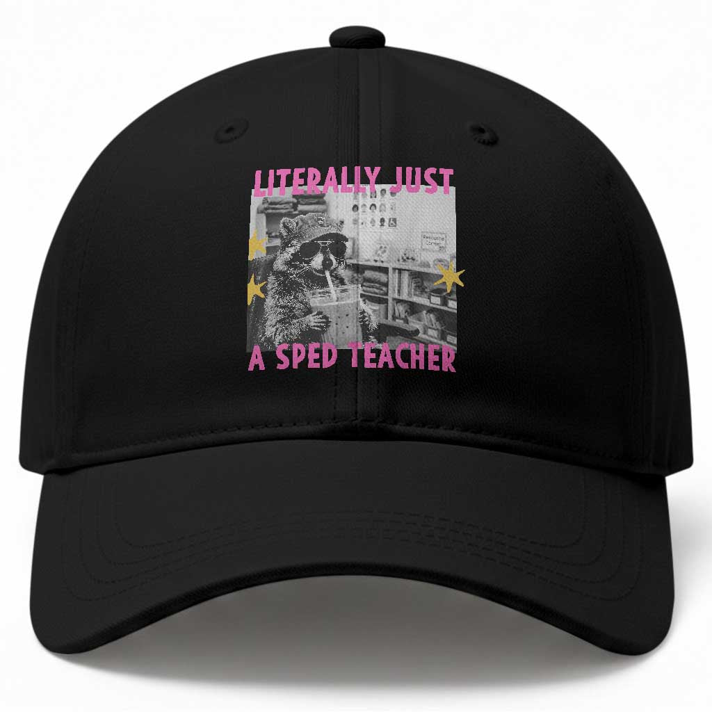 Literally Just A SPED Teacher Raccoon Drinking Iced Coffee Graphic Baseball Cap Special Education Classroom Humor