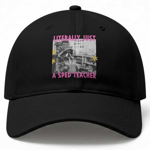 Literally Just A SPED Teacher Raccoon Drinking Iced Coffee Graphic Baseball Cap Special Education Classroom Humor