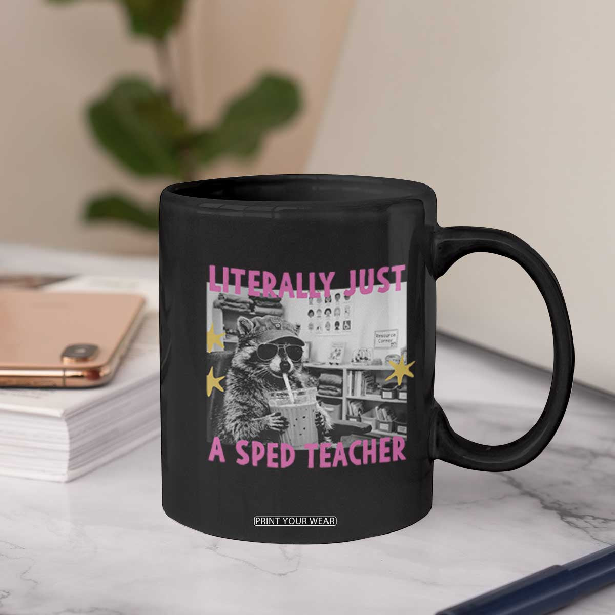 Literally Just A SPED Teacher Raccoon Drinking Iced Coffee Graphic Coffee Mug Special Education Classroom Humor