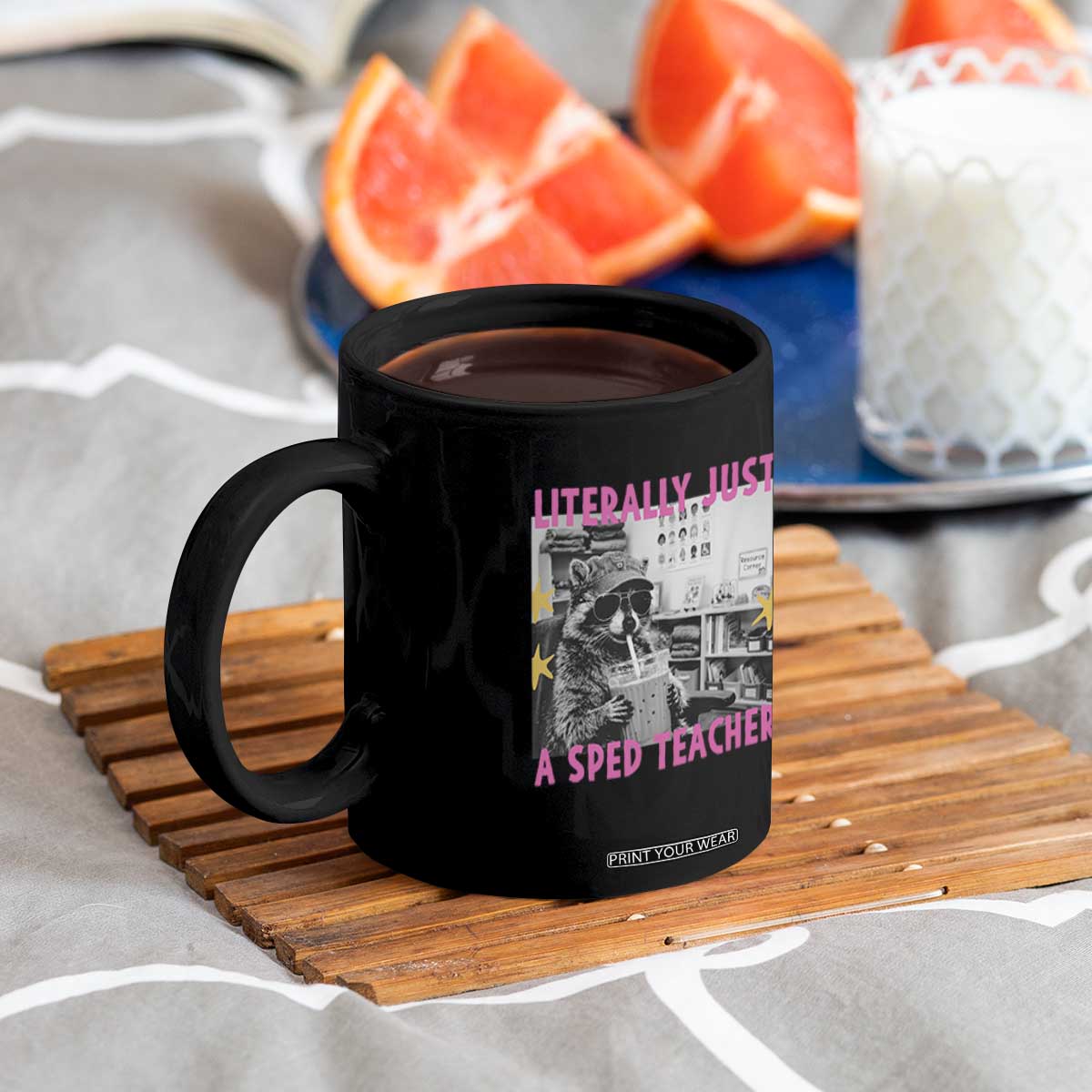 Literally Just A SPED Teacher Raccoon Drinking Iced Coffee Graphic Coffee Mug Special Education Classroom Humor