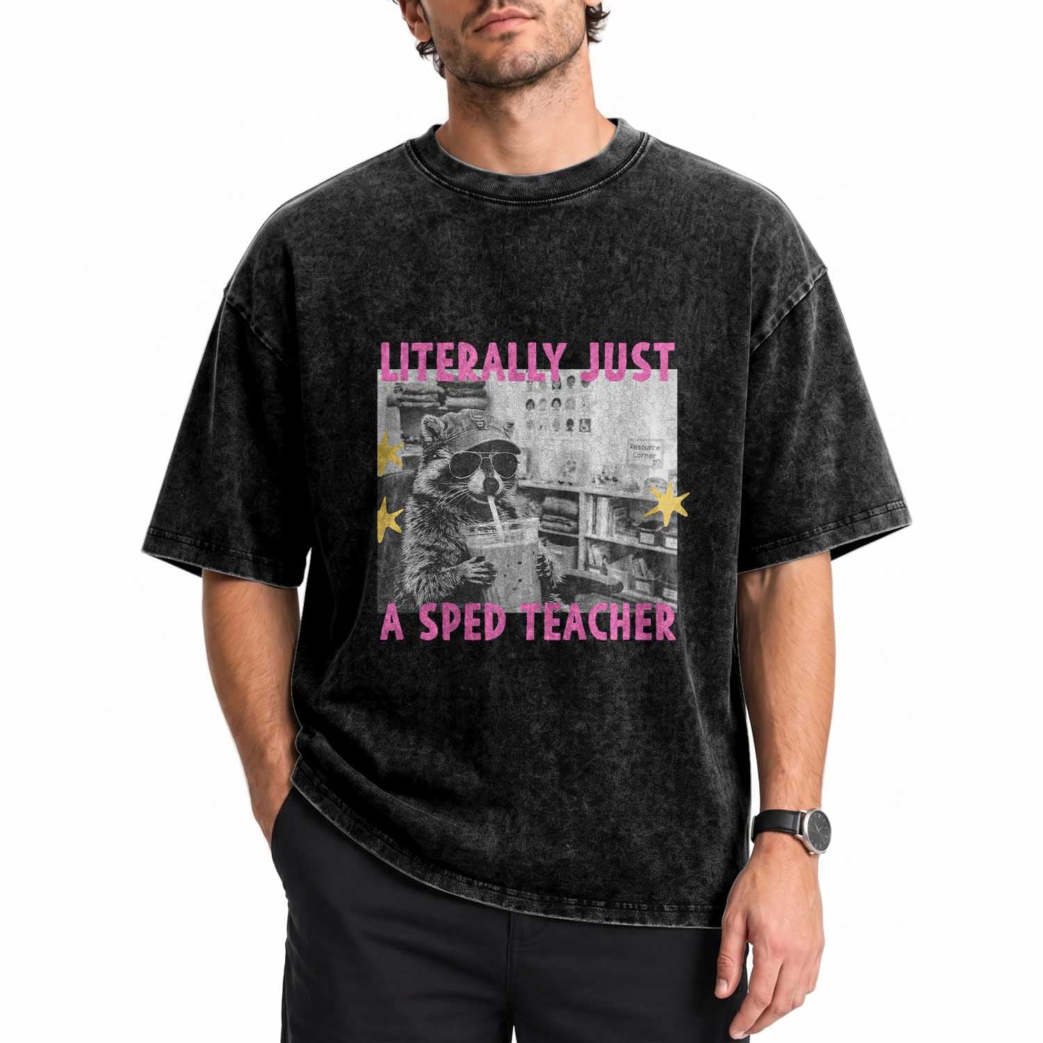 Literally Just A SPED Teacher Raccoon Drinking Iced Coffee Graphic Washed Cotton T-Shirt Special Education Classroom Humor