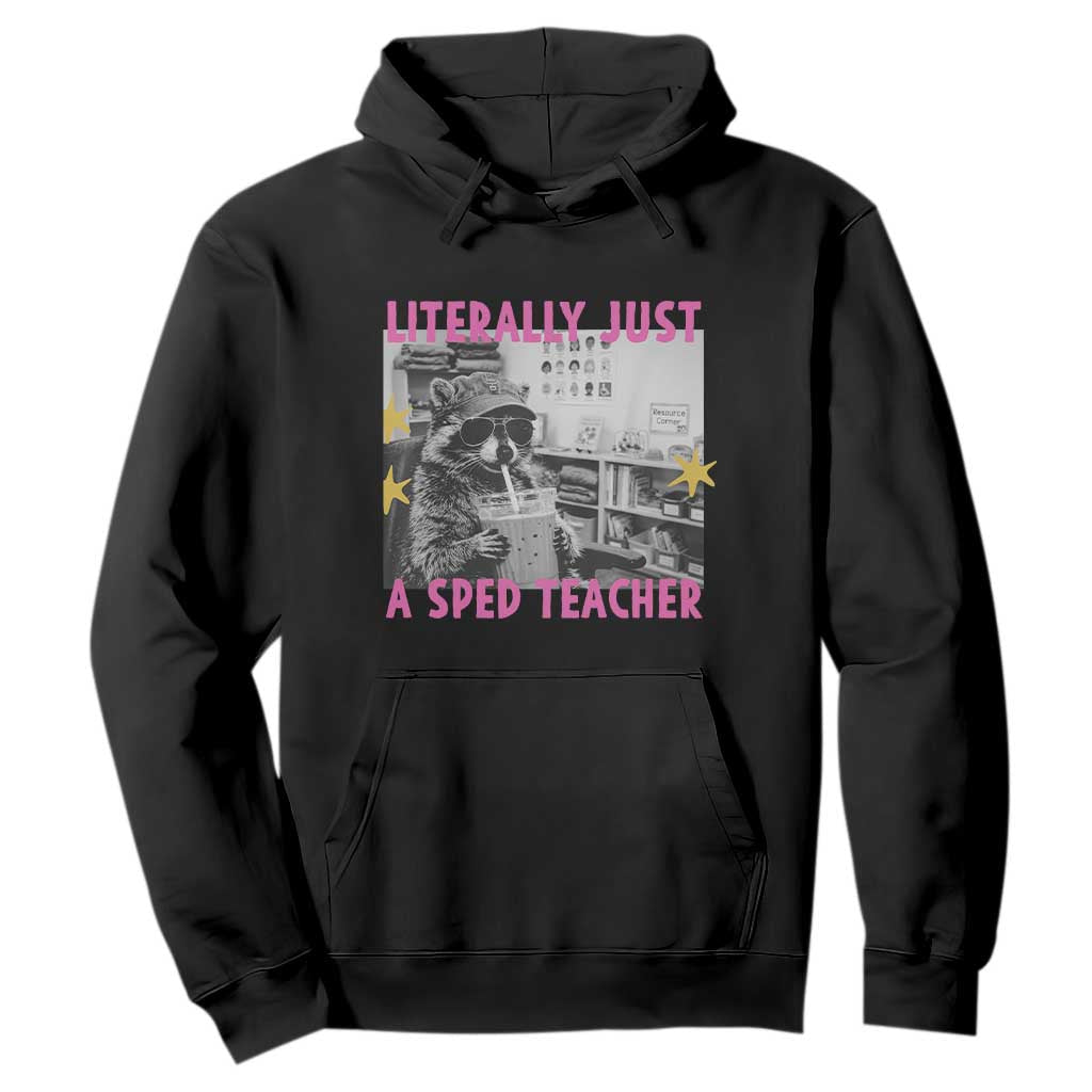 Literally Just A SPED Teacher Raccoon Drinking Iced Coffee Graphic Hoodie Special Education Classroom Humor